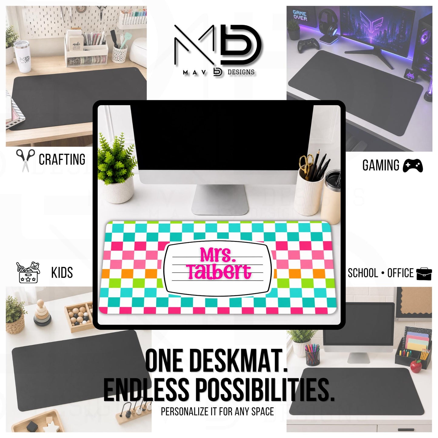 Personalized Deskmat | Vibrant Checkered Composition Nameplate | Custom Name
