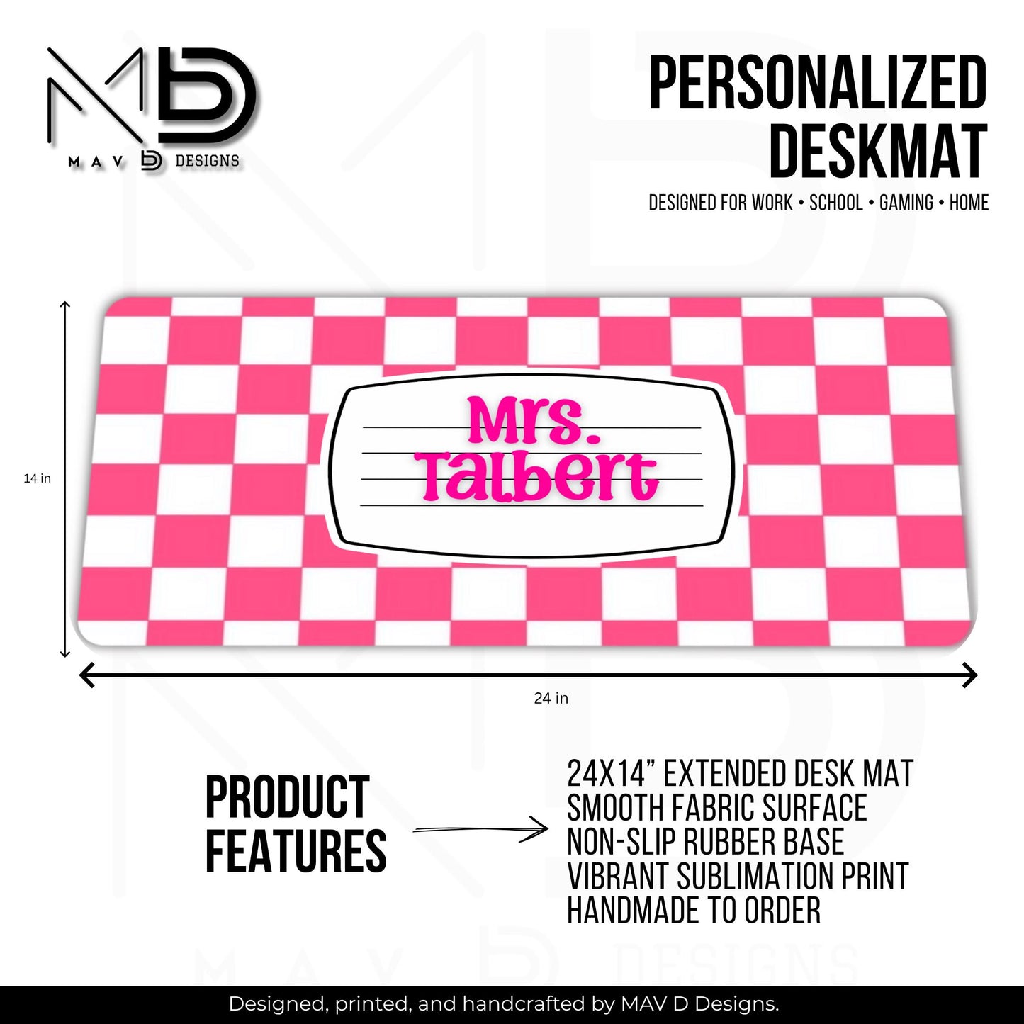Personalized Deskmat | Pink Checkered Composition Nameplate | Custom Name