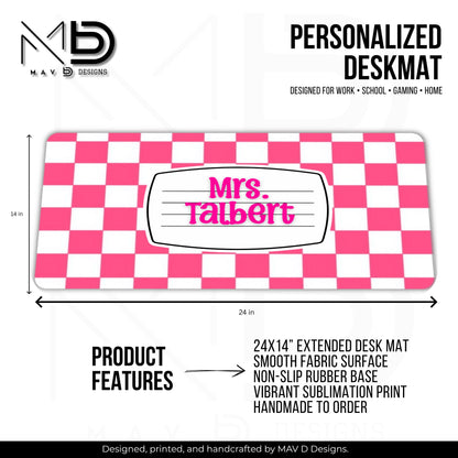 Personalized Deskmat | Pink Checkered Composition Nameplate | Custom Name