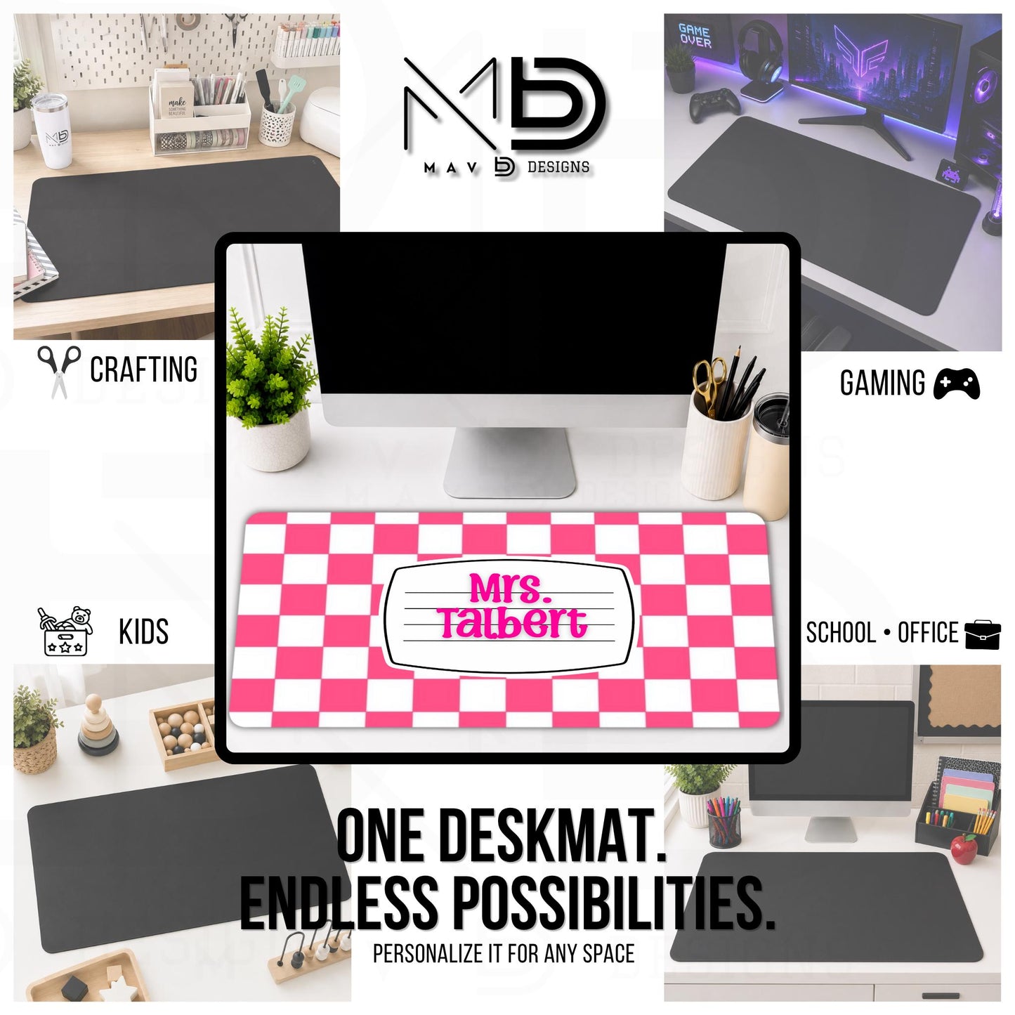 Personalized Deskmat | Pink Checkered Composition Nameplate | Custom Name