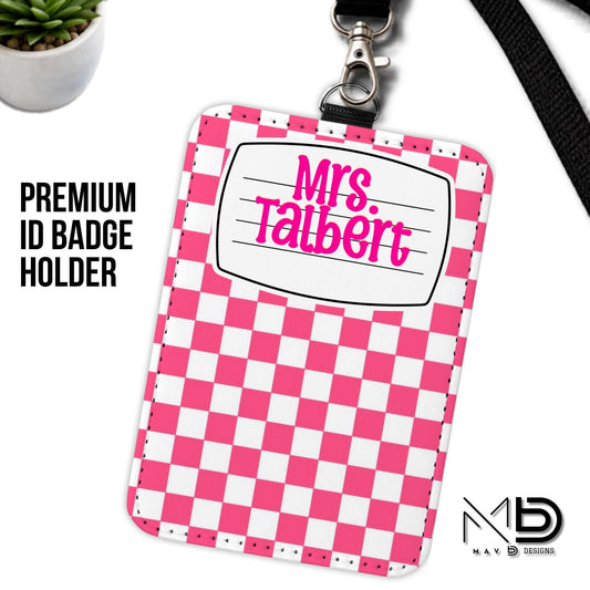 Personalized ID Badge Holder | Pink Checkered Composition Nameplate | Custom Name