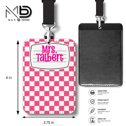 Personalized ID Badge Holder | Pink Checkered Composition Nameplate | Custom Name