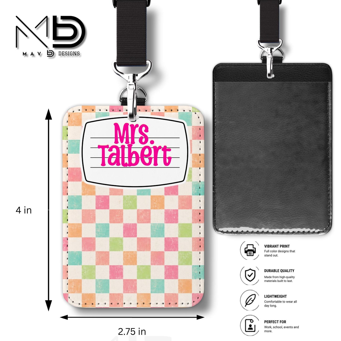 Personalized ID Badge Holder | Vibrant Checkered Composition Nameplate | Custom Name