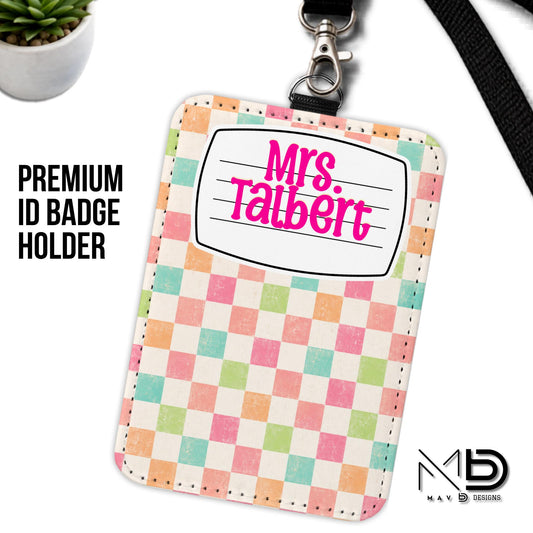 Personalized ID Badge Holder | Vibrant Checkered Composition Nameplate | Custom Name