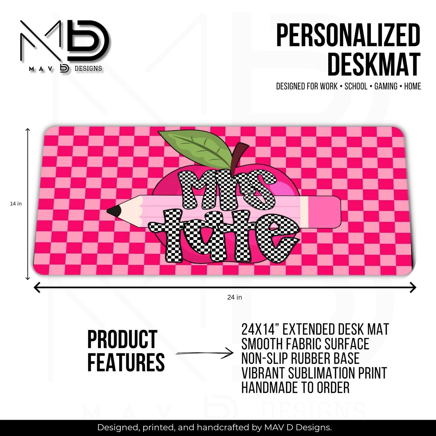 Personalized Deskmat | Pink Apple Pencil Checkered Name | Pink Checkered