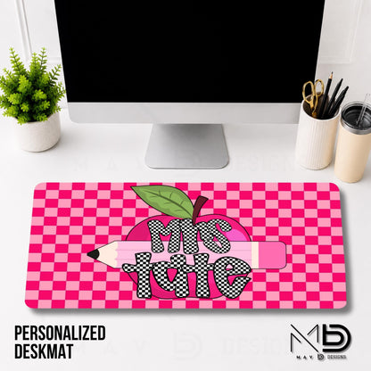 Personalized Deskmat | Pink Apple Pencil Checkered Name | Pink Checkered
