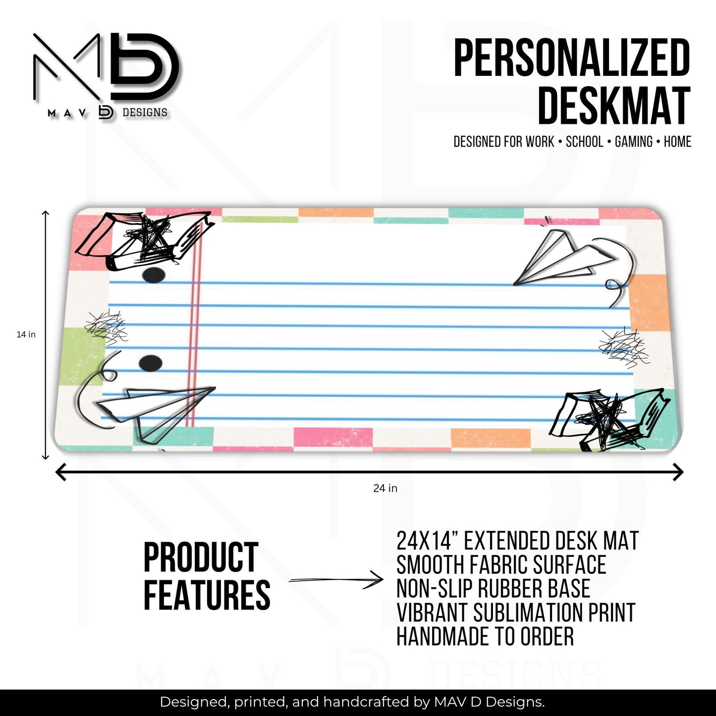 Personalized Deskmat | Pastel Checkered Paper Doodles | Custom Name