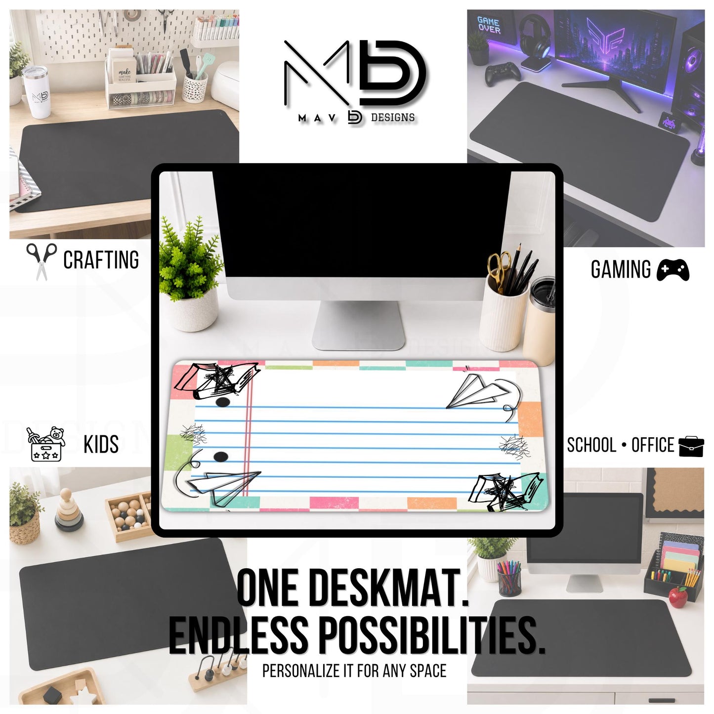 Personalized Deskmat | Pastel Checkered Paper Doodles | Custom Name