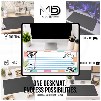 Personalized Deskmat | Pastel Checkered Paper Doodles | Custom Name