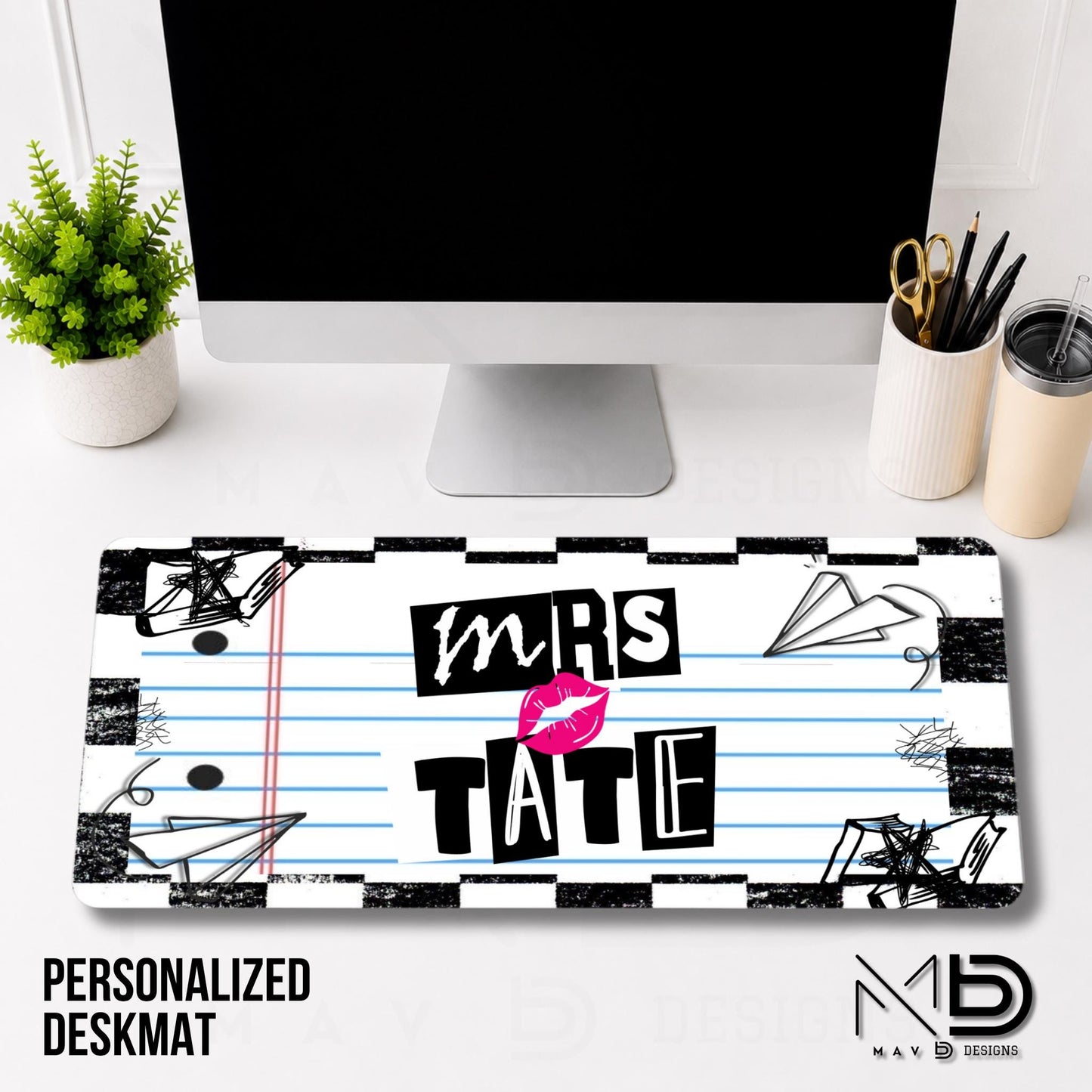 Personalized Deskmat | Mean Girl Font Checkered Doodle Paper | Custom Name