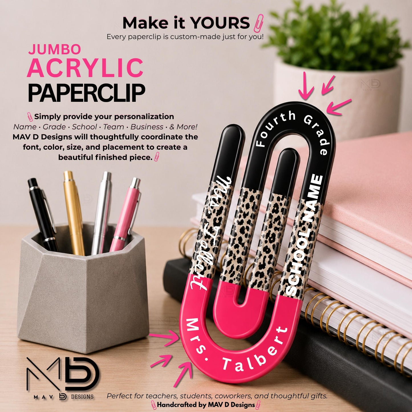 Personalized Jumbo Paperclip | Black • Cheetah Print • Pink   | Chic Prints | Customize Yours