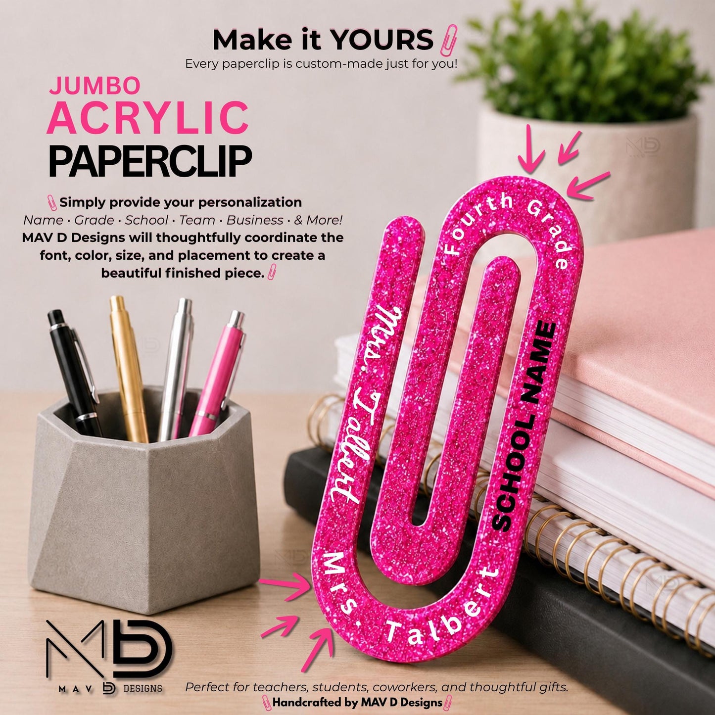 Personalized Jumbo Paperclip | Hot Pink Sparkle