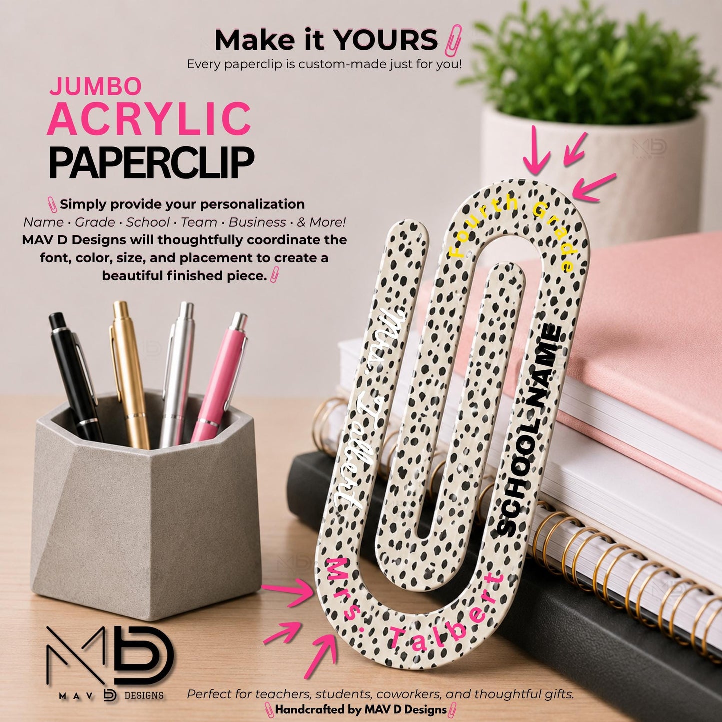 Personalized Jumbo Paperclip | Mini Dalmatian Print | Black & White
