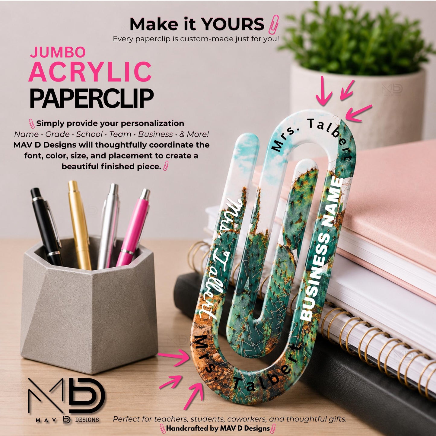 Personalized Jumbo Paperclip | Teal Cactus Print | Photography Prints