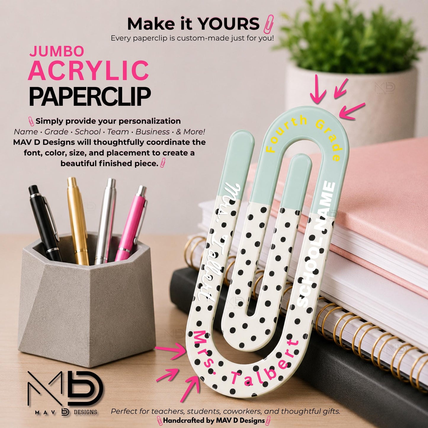 Personalized Jumbo Paperclip | Mint • Dalmatian Print  | Chic Prints