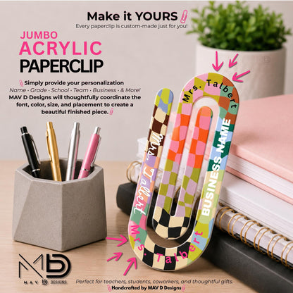 Personalized Jumbo Paperclip | Patchwork Checkered • Retro Checkered  | Chic Prints