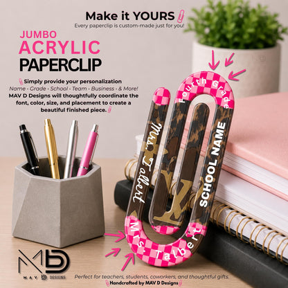Personalized Jumbo Paperclip | Hot Pink Checkered • Brown Cheetah • L • V Patchwork | Chic Prints