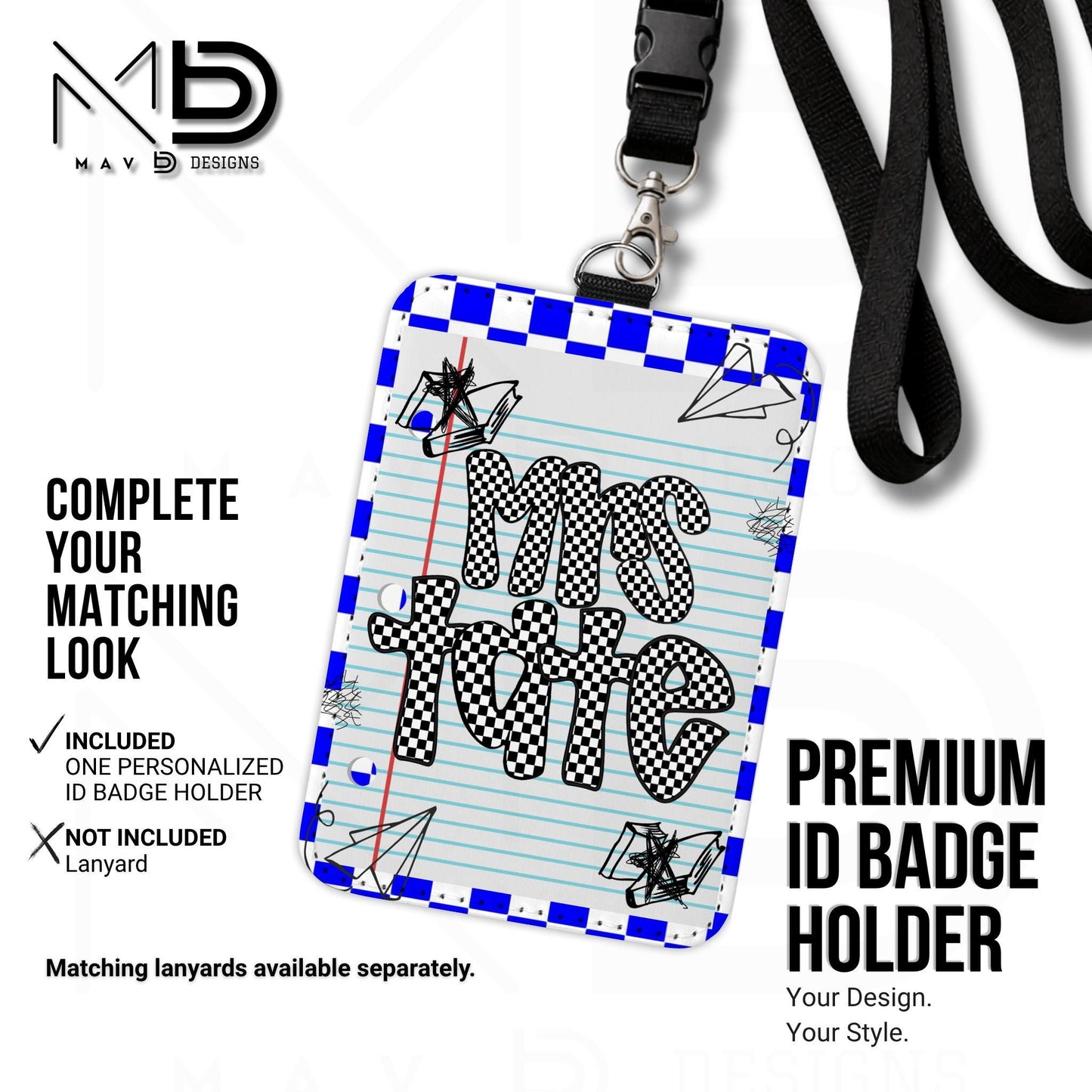 Personalized ID Badge Holder | Blue Checkered Paper Doodles