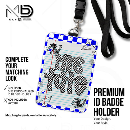 Personalized ID Badge Holder | Blue Checkered Paper Doodles