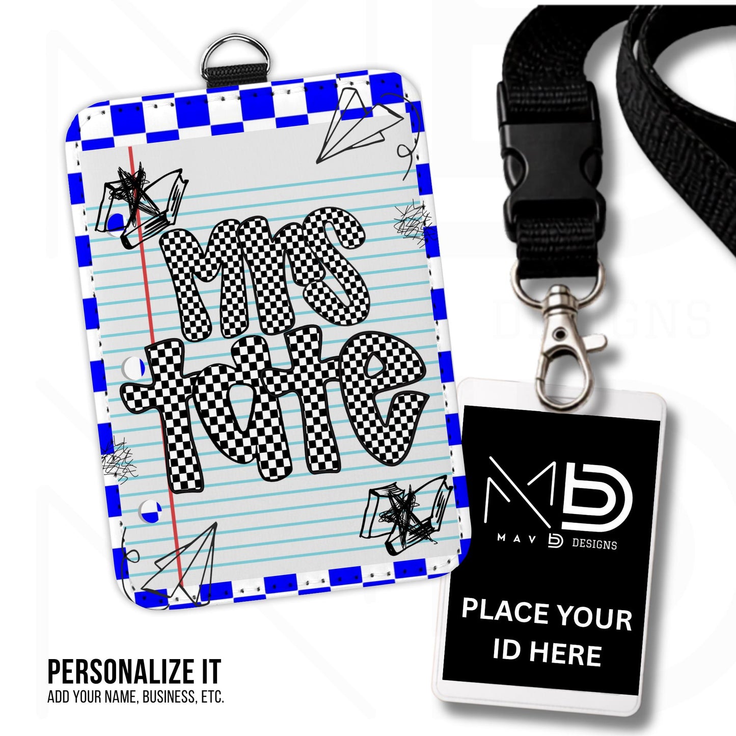 Personalized ID Badge Holder | Blue Checkered Paper Doodles
