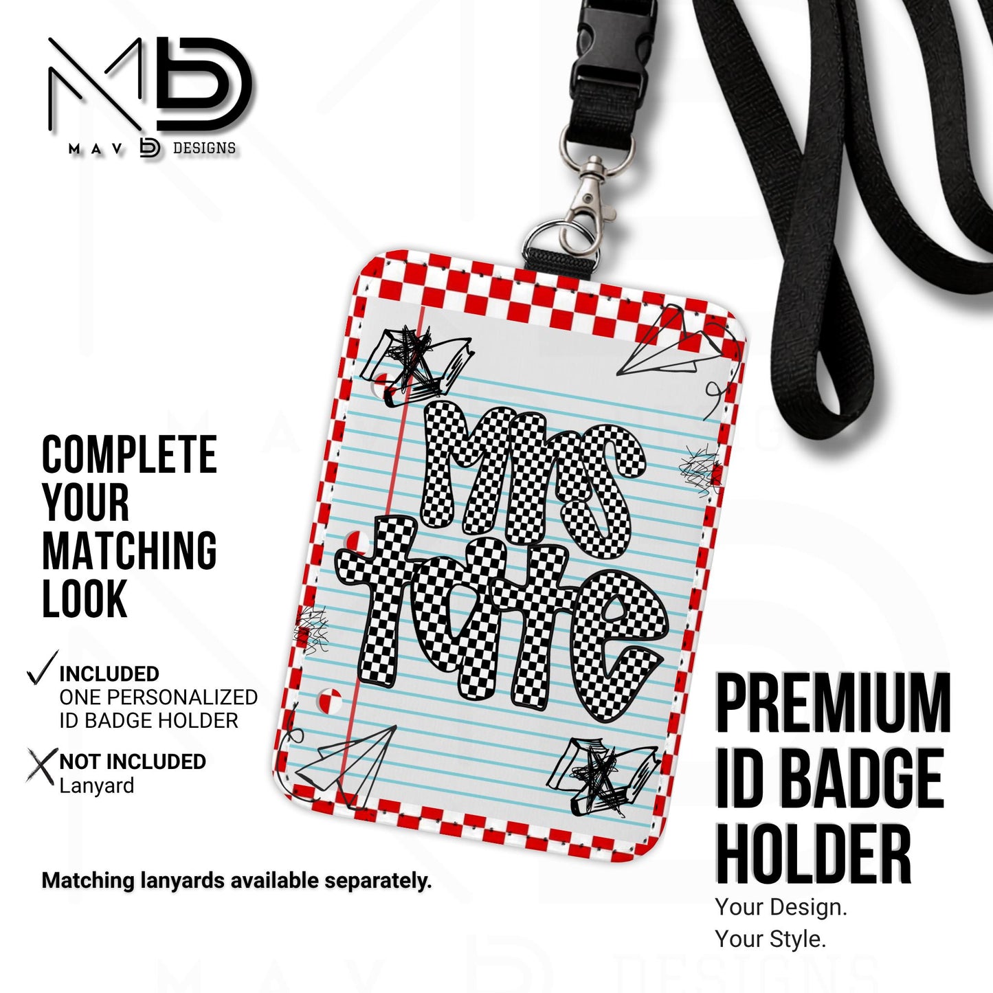 Personalized ID Badge Holder | Red Checkered Paper Doodles