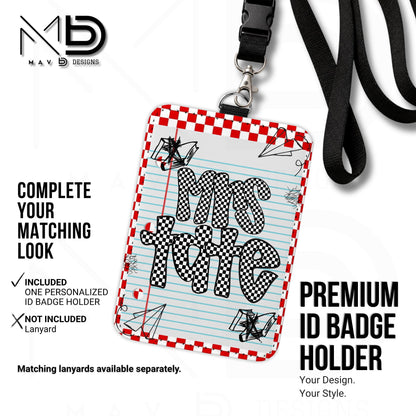 Personalized ID Badge Holder | Red Checkered Paper Doodles