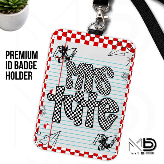 Personalized ID Badge Holder | Red Checkered Paper Doodles