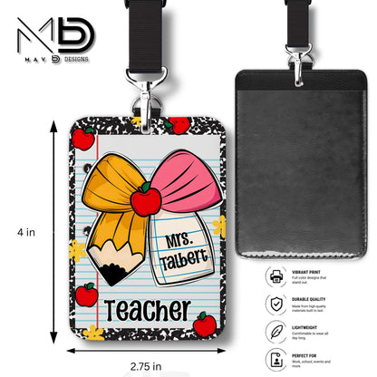 Personalized ID Badge Holder | Cutie Bow Black Composition Paper Apples | Teacher