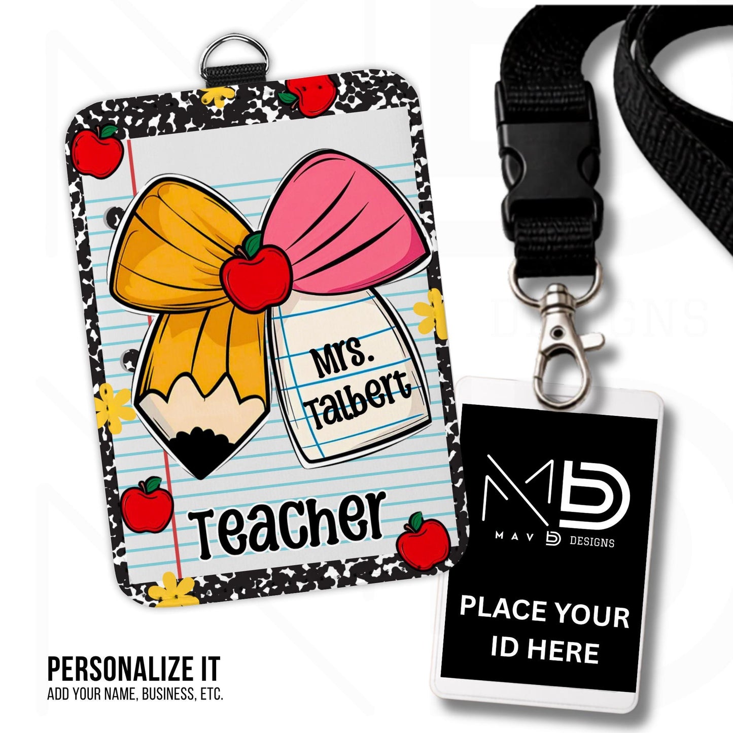 Personalized ID Badge Holder | Cutie Bow Black Composition Paper Apples | Teacher