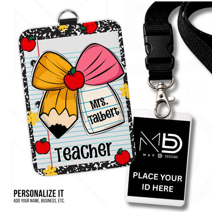 Personalized ID Badge Holder | Cutie Bow Black Composition Paper Apples | Teacher