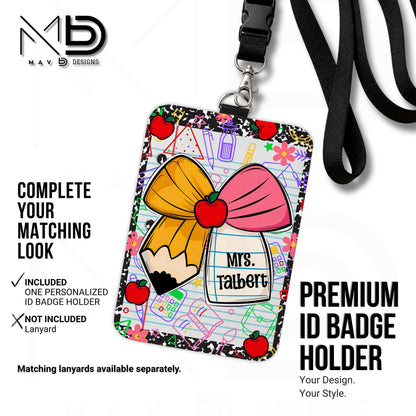 Personalized ID Badge Holder | Cutie Bow Black Composition Paper Apples | School Graphics