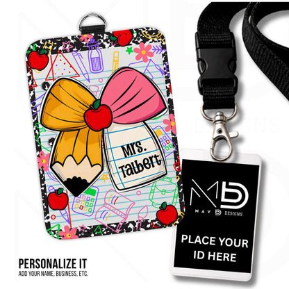 Personalized ID Badge Holder | Cutie Bow Black Composition Paper Apples | School Graphics