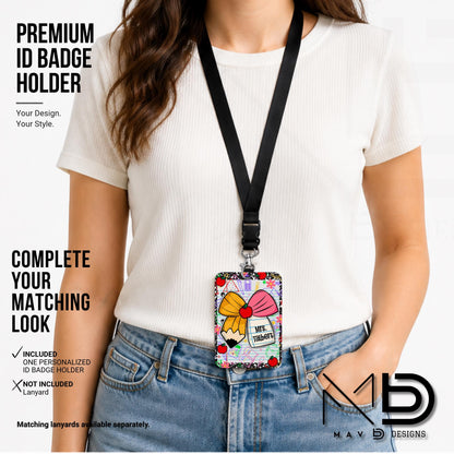 Personalized ID Badge Holder | Cutie Bow Black Composition Paper Apples | School Graphics