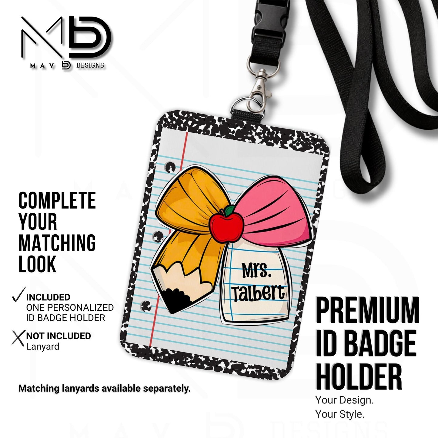 Personalized ID Badge Holder | Cutie Bow Black Composition Paper