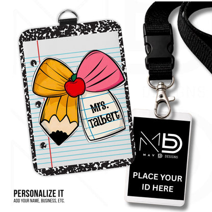 Personalized ID Badge Holder | Cutie Bow Black Composition Paper