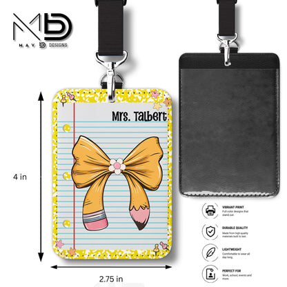 Personalized ID Badge Holder | Yellow Composition • Paper • Pencil Bow | Teacher Name