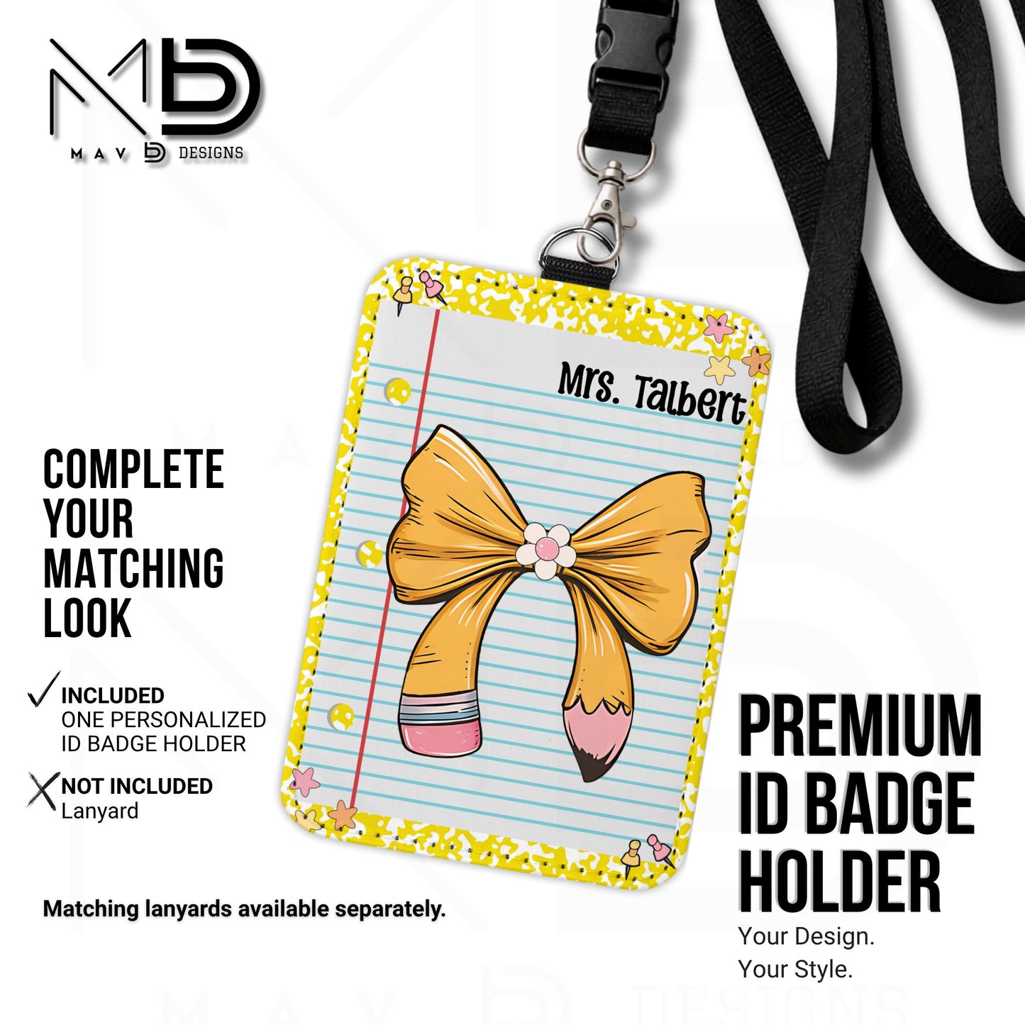 Personalized ID Badge Holder | Yellow Composition • Paper • Pencil Bow | Teacher Name