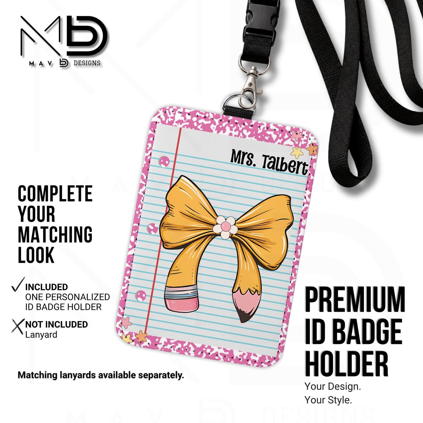 Personalized ID Badge Holder | Light Pink Composition • Paper • Pencil Bow | Teacher Name