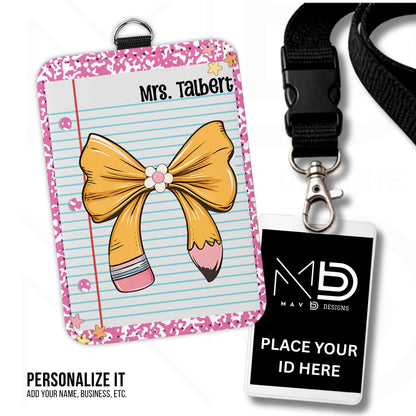 Personalized ID Badge Holder | Light Pink Composition • Paper • Pencil Bow | Teacher Name