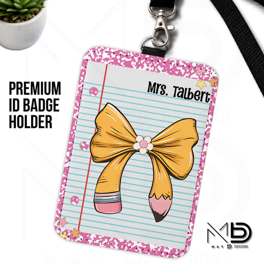 Personalized ID Badge Holder | Light Pink Composition • Paper • Pencil Bow | Teacher Name