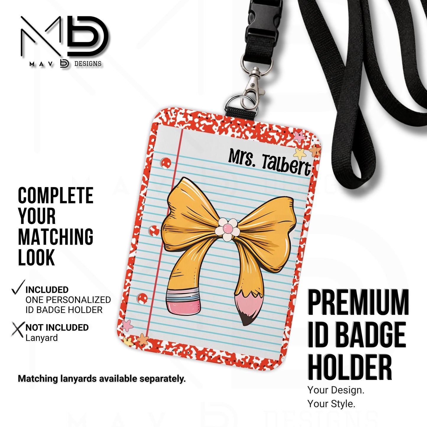 Personalized ID Badge Holder | Red Composition • Paper • Pencil Bow | Teacher Name