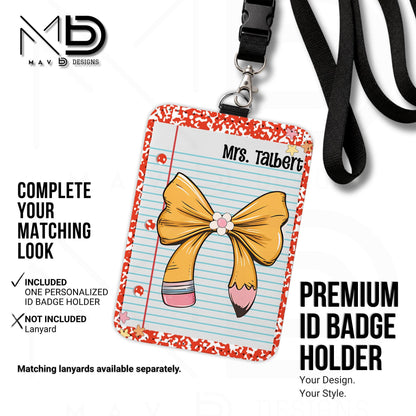 Personalized ID Badge Holder | Red Composition • Paper • Pencil Bow | Teacher Name