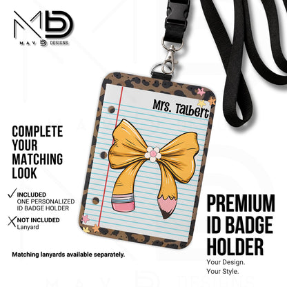Personalized ID Badge Holder | Cheetah Print • Paper • Pencil Bow | Teacher Name