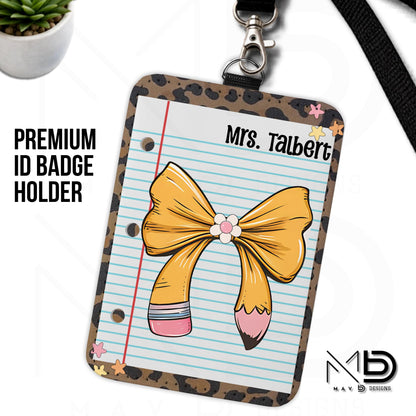 Personalized ID Badge Holder | Cheetah Print • Paper • Pencil Bow | Teacher Name