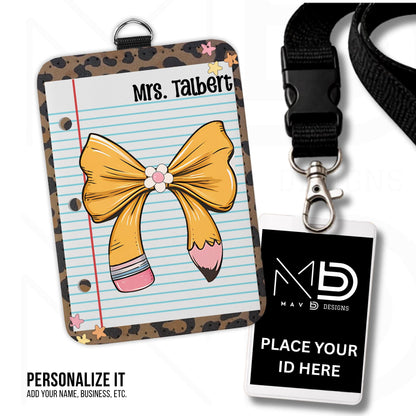 Personalized ID Badge Holder | Cheetah Print • Paper • Pencil Bow | Teacher Name