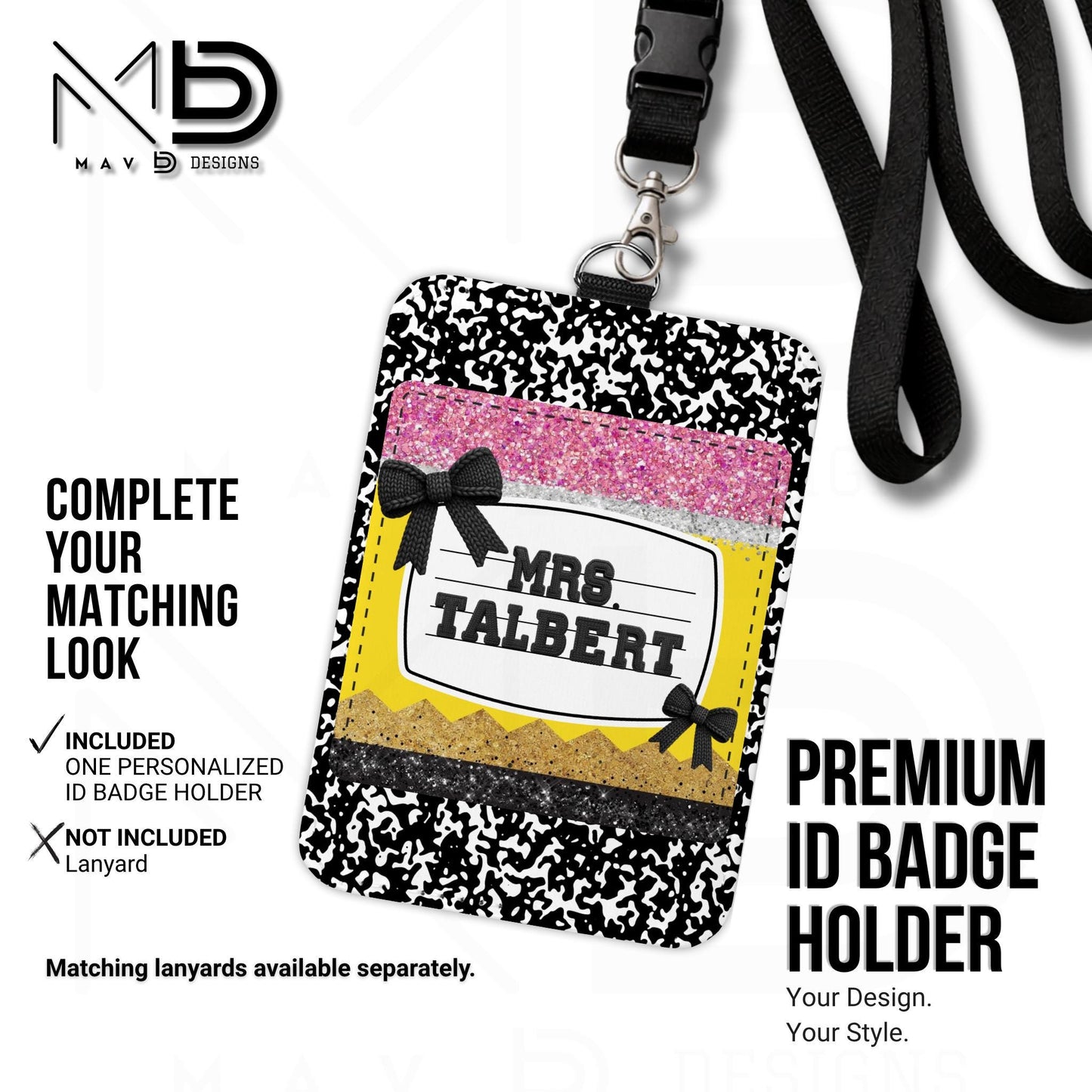 Personalized ID Badge Holder | Black Composition • Glitter Pencil Nameplate •  Bow | Teacher Name