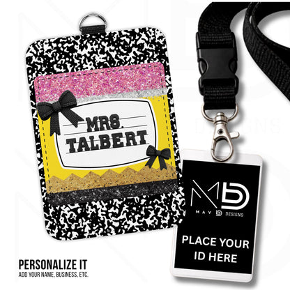 Personalized ID Badge Holder | Black Composition • Glitter Pencil Nameplate •  Bow | Teacher Name
