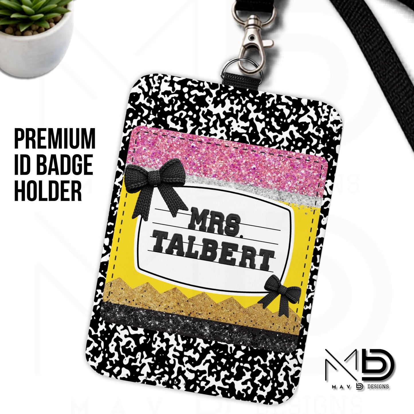 Personalized ID Badge Holder | Black Composition • Glitter Pencil Nameplate •  Bow | Teacher Name