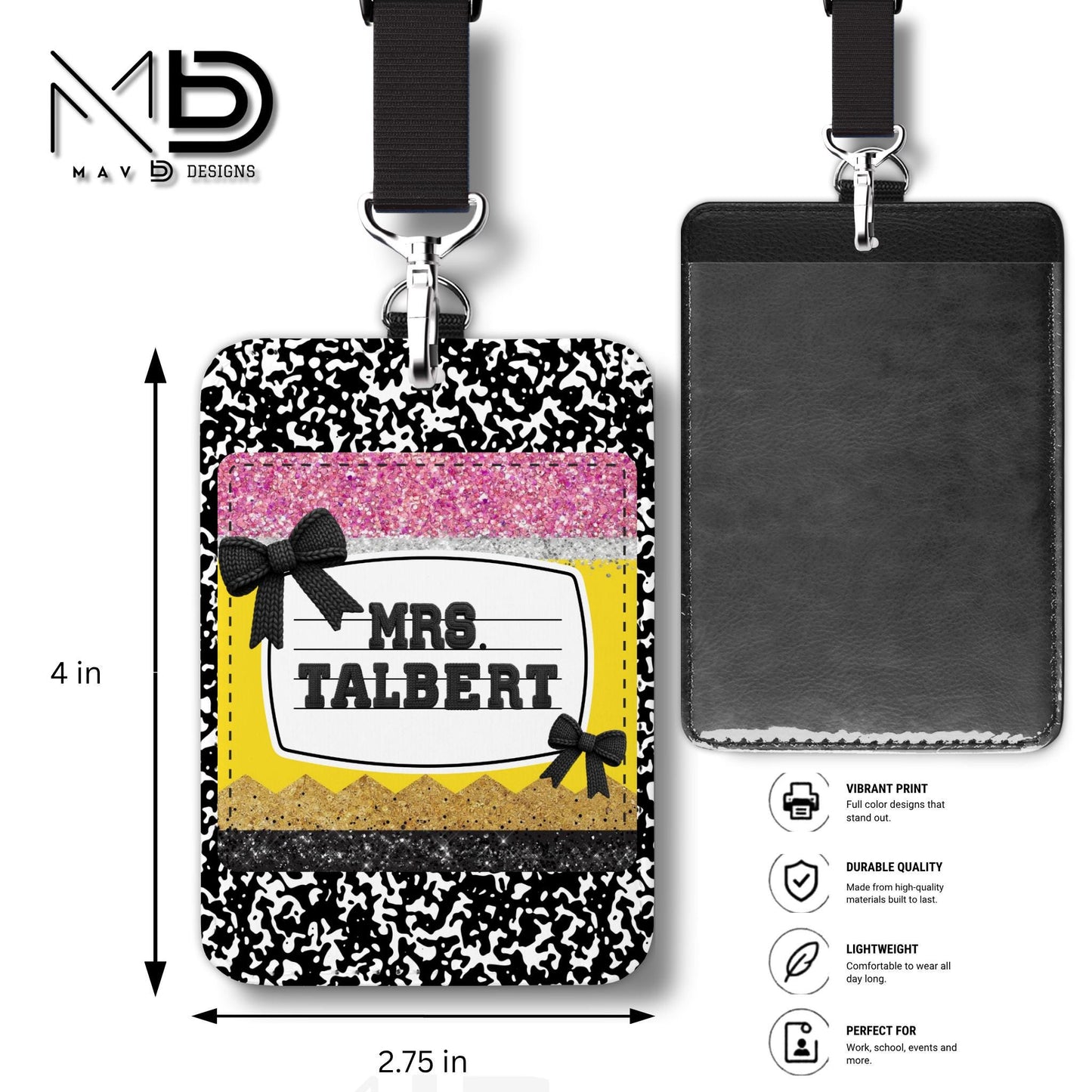 Personalized ID Badge Holder | Black Composition • Glitter Pencil Nameplate •  Bow | Teacher Name