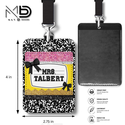 Personalized ID Badge Holder | Black Composition • Glitter Pencil Nameplate •  Bow | Teacher Name